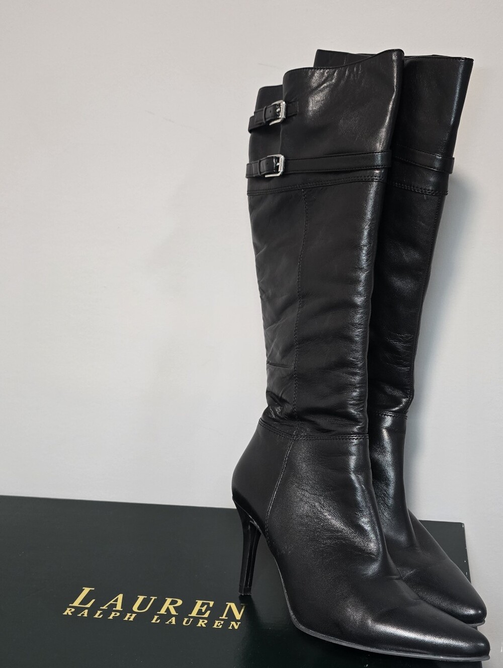Ralph Lauren Black Leather Knee-High Stiletto Boots 6B
